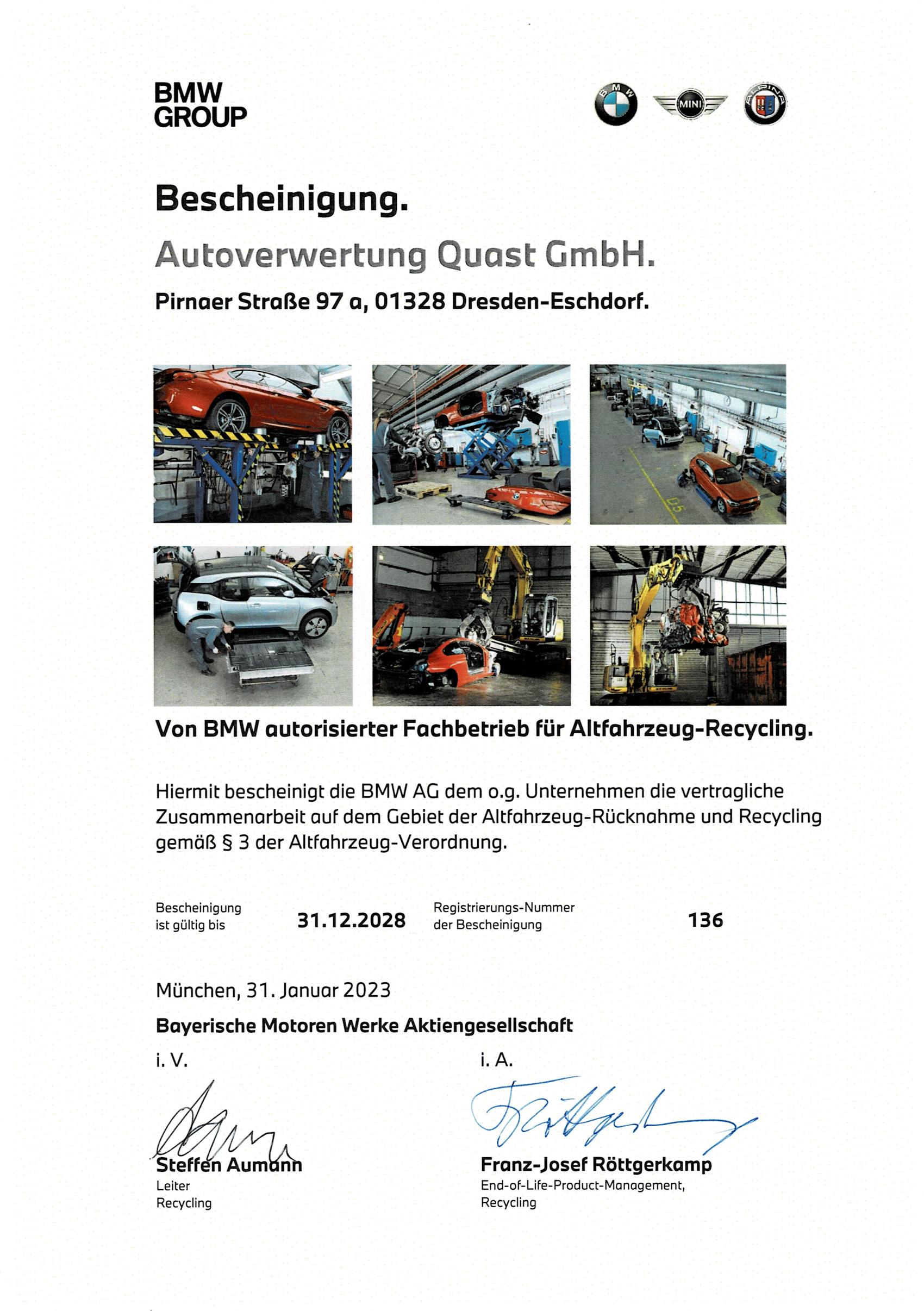 BMW Zertifikat der Autoverwertung Quast